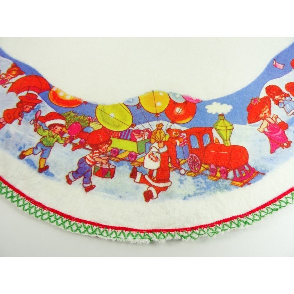 Vintage Christmas Tree Skirt White Felt MCM Santa Claus w Children